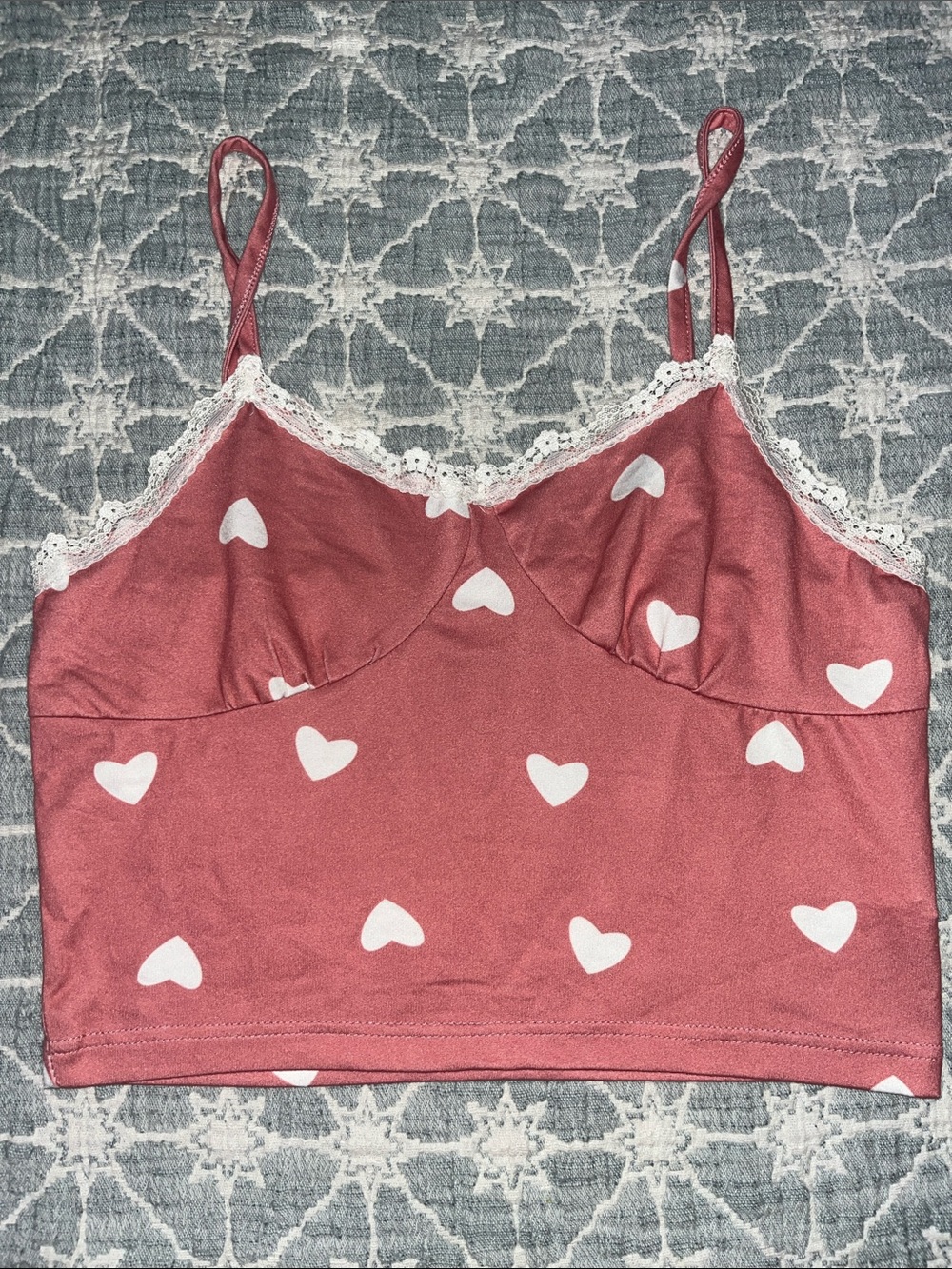 Heart Print Satin Cami with Lace Trim
